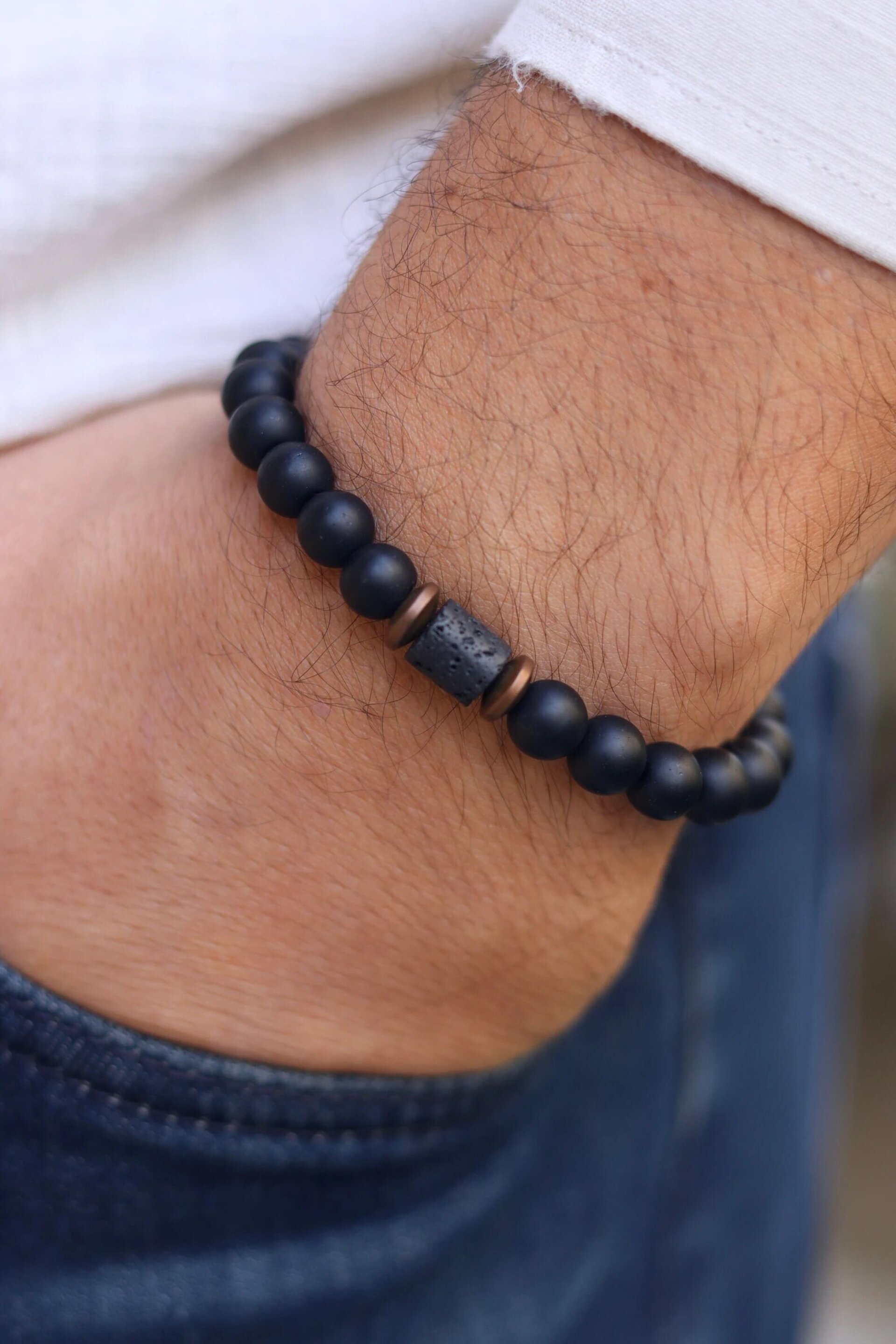 Pulsera Unisex de piedra natural negra Onix y lava - 2